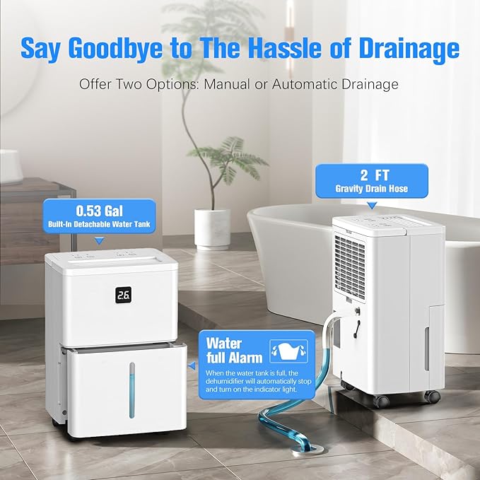 DEVERSE Max 25 Pints Dehumidifier for Home/Bedroom/Basement, 3000 Sq.Ft Coverage, with Drain Hose, Smart Humidity Control & Large Tank - Image 7