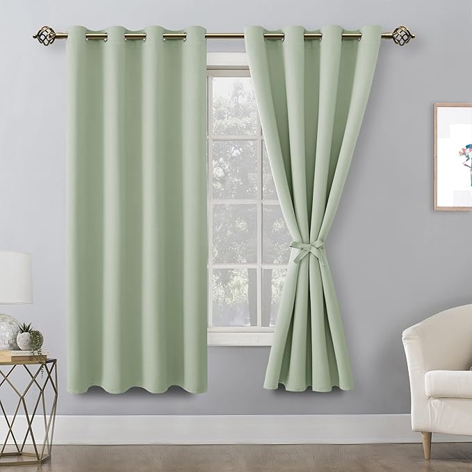 Hiasan Blackout Curtains for Bedroom, 42 x 63 Inches Length - Thermal Insulated & Light Blocking Window Curtains for Living Room/Kids Room, 2 Drape Panels Sewn with Tiebacks, Seafoam Green - Image 2