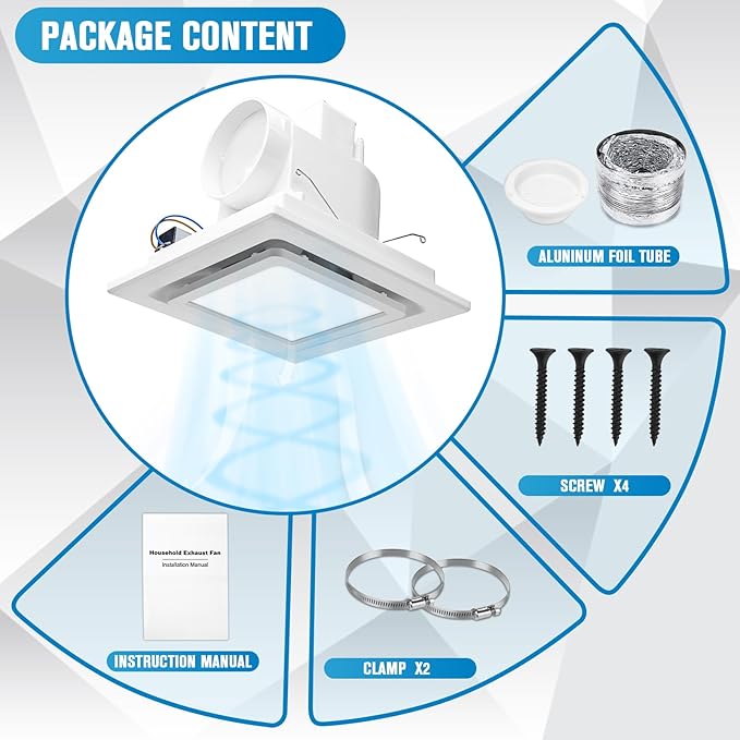 Bathroom Exhaust Fan with Light, Ceiling Mount Square Quiet Bathroom Vent Fan with Light 110 CFM 1.0 Sones 4" Duct 6500K Bathroom Fan Light Combo, Bathroom Ventilation Fan for Home/Bathroom/Hotel - Image 7
