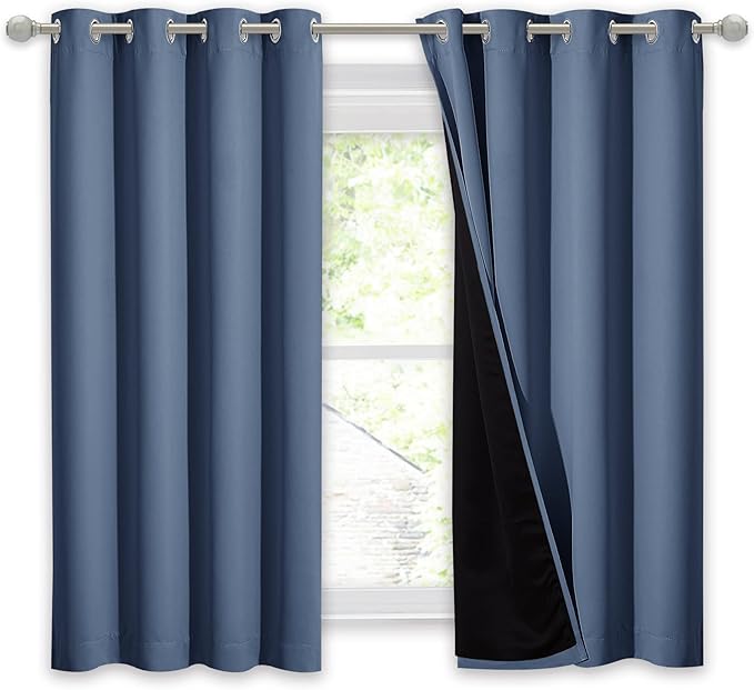 NICETOWN 100% Blackout Curtain with Black Liner, Thermal Insulated 2-Layer Lined Drape, Room Warming Small Window Drapery for Dining Room (Stone Blue, 1 Panel, 52 inches W by 54 inches L) - Image 2