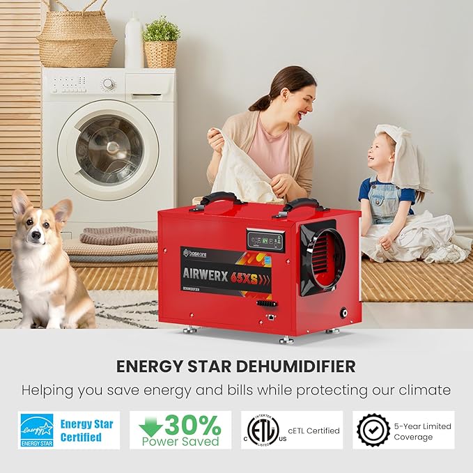 BaseAire 120 Pints Crawl Space Dehumidifiers with Pump Drain Hose, Energy Star Dehumidifier for Commercial, Basement, Kitchen, Industry Up to 1,300 sq. ft., Large Capacity, Compact, Auto Defrost - Image 2