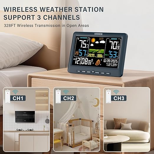 BluSon Weather Station Wireless Indoor Outdoor Thermometer, Color Display Digital Temperature Humidity Monitor with Atomic Clock, Weather Forecast, Adjustable Backlight, Home Weather Station, Blue - Image 4