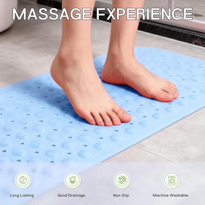 Anti-Slip Bathtub Shower mat, 39.3×15.7 inch（Approximately 100 × 40cm） Soft Oversized Machine Washable Non-Slip Bathtub mat with Drainage Holes, Bathroom Floor Suction Cup.（1-Opaque Light Blue） - Image 3
