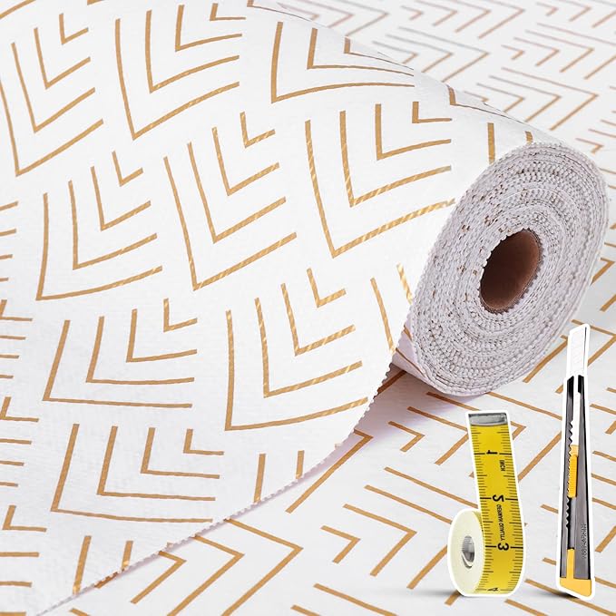 Shelf Liner for Kitchen Cabinets Non Adhesive Drawer Liner Gold Arrow Non-Slip Thickened Shelf Liner Paper Strong Easy to Clean for Tool Box Refrigerator with Knife and Tape Measure 23 inche x 30 feet by Kimhan