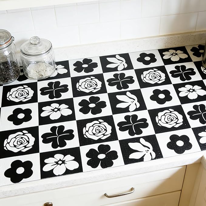 Shelf Liners Non Adhesive Black & White Checkerboard Floral - Thickened Non-Slip Easy to Clean Drawer Liner for Kitchen Cabinets, Tool Box, Refrigerator, with Knife & Tape Measure,17.3in x 354.3in - Image 5