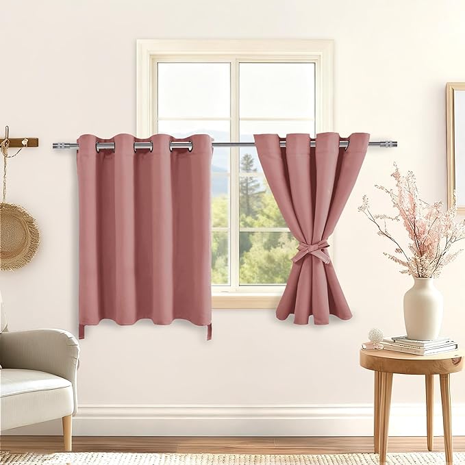 Hiasan RV Blackout Curtains for Bedroom, 52 x 30 Inches Long - Thermal Insulated & Energy Saving Window Curtains for Living Room, 2 Drape Panels Sewn with Tiebacks, Dusty Rose - Image 2