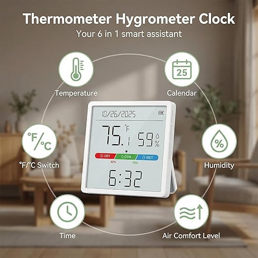 Indoor Thermometer Hygrometer with 4.4" Large Display, Digital Temperature & Humidity Monitor with Clock, Room Humidity Gauge, Built-in Sensor, Magnetic Fridge Mount, Desk Stand or Wall Mount - Image 3