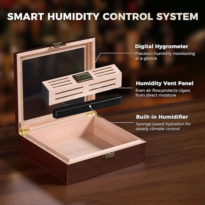 ProCase Wood Cigar Humidor Box, Wooden Desktop Cigar Storage Case, with Humidifier，Cedar Lining, Glass Top, Digital Hygrometer, Gift for Men Dad Boyfriend, Father's Day - Image 3