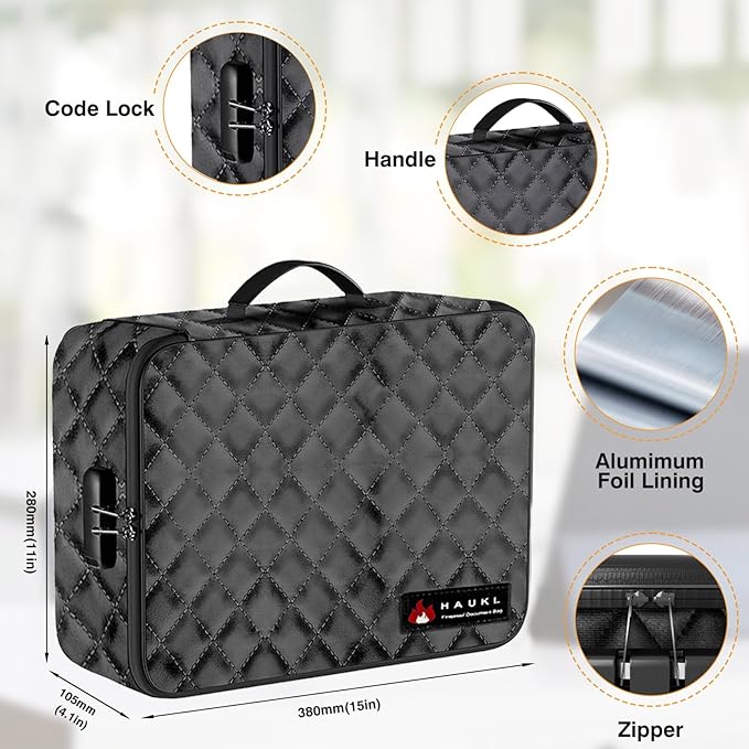 HAUKL Fireproof Document Bag with Lock - 14" Fireproof Safe Box for Home & Travel, 8-Layer Waterproof Fireproof Bag for Files, Passports, Jewelry, Cash, 2000°F Protection (Black W/Jewelry Holder) - Image 6