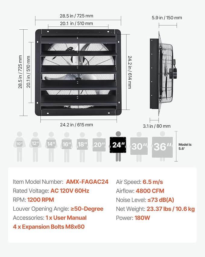 VEVOR 24'' Exhaust Fan, Wall Mounted Attic Fan with Variable Speed controller, 4800 CFM, Automatic Shutter, Ventilation and Cooling, Black - Image 7
