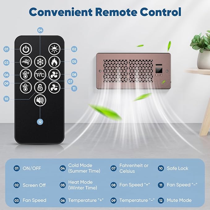 Register Booster Fan for 4" x 10" Register Holes with Remote Control and Thermostat, 10-Speeds AC Vent Booster - Improves Heating&Cooling Airflow, Quiet Air Duct Fan for Wall, Bronze, 2-Pack - Image 5