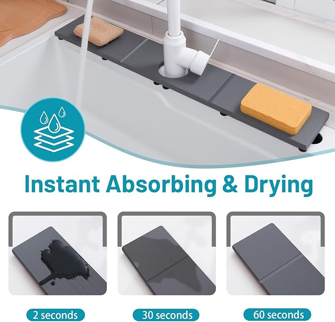 Fast Drying Faucet Mat for Kitchen Sink, Water Absorbent Diatomite Stone Sink Tray with Raised Feet, Kitchen Sink Splash Guard, Prevents Moisture Buildup, Durable Protector for Bathroom Counter - Image 3