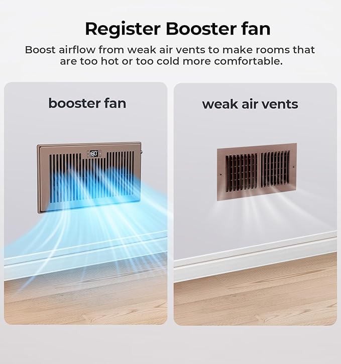 Quiet Register Booster Fan Fits 6" x 12" Register Holes, 10-Speed Smart Heating Cooling AC Vent Fan with Remote Control and Thermostat Control - Bronze - Image 2