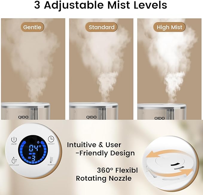 QIDO Top Fill Humidifiers for Bedroom, 5 L Cool Mist 36H Super Long Time, Quiet 28dB Essential Oil Diffuser for Baby & Plants, 3 Adjustable Mist with Touch/APP/7-color Nightlight, Auto Shut-off, White - Image 2