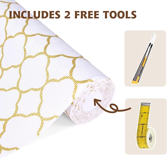 Shelf Liners for Kitchen Cabinets 12in x 20FT Non Adhesive Drawer Liner Gold Quatrefoil Thickened Shelf Liner Paper Strong Non-Slip Easy to Clean for Tool Box Refrigerator with Knife and Tape Measure - Image 4