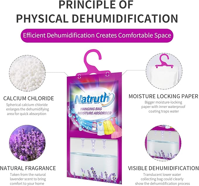 NATRUTH 12-PACK Moisture Absorber Bags With Lavender,Desiccant Hanging Bag Use for Kitchen Bathroom Wardrobe, Eliminates Odors，Odor Absorber Humidity Packs, Hanging Closet Dehumidifier Bags for Closet - Image 3