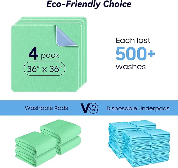 4 Pack 36” x 36” Extra Heavy Absorbency Washable Underpads, Waterproof Quick Drying Nursing Incontinence Reusable Washable Bed Pee Pads for Dogs, Diaper Changing & Adults, Green - Image 6