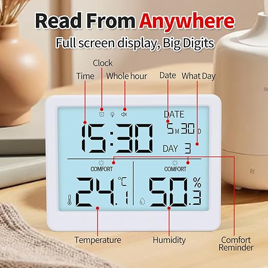 Indoor Digital Thermometer & Humidity Meter, Home Hygrometer Temperature Gauge with Date, Clock, Adjustment Brightness, Terrarium, Incubator, Greenhouse - Image 5