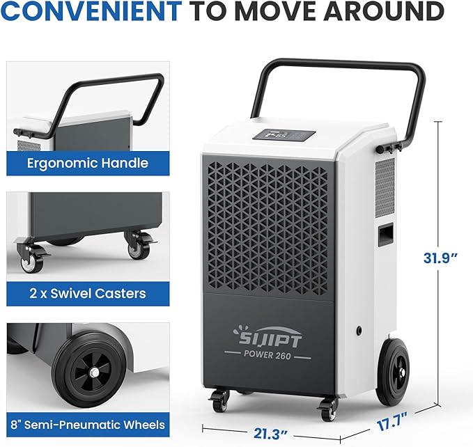 Commercial Dehumidifier with Pump, 260 Pints Industrial Dehumidifier for Basements, Industrial or Commercial Spaces, and Flood Restoration up to 8,500 Sq Ft with Auto Defrost - Image 5