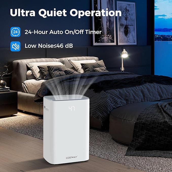 COSTWAY 52 Pint Dehumidifier for Basement, 3.3 FT Drain Hose, Clothes Drying Modes, Auto Defrost, Child Lock & 24H Timer, Home Dehumidifier for Bedroom, Bathroom, Garage - Image 8