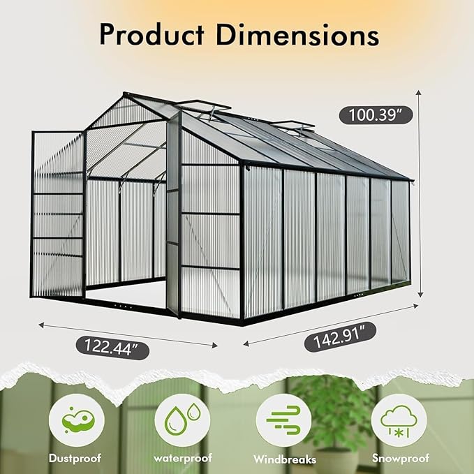 10X12FT Greenhouse with Electronic Thermometers, Green Houses for Outside Heavy Duty with Aluminum Frame Withstands Strong Wind or Snow, Large Walk-in Greenhouse for Backyard or Garden Use - Image 8