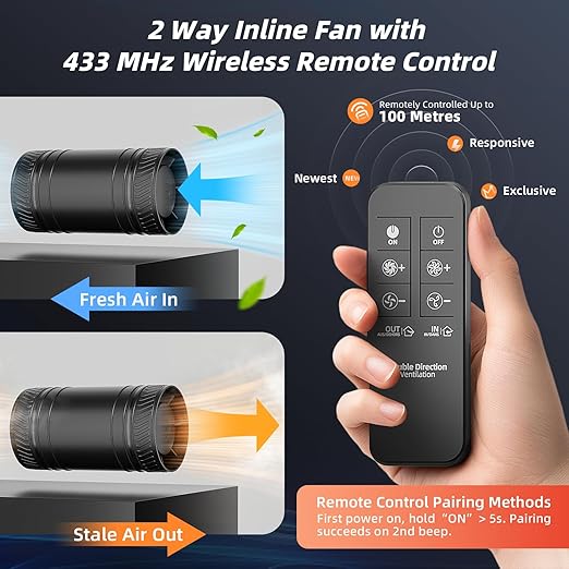 4 Inch Inline Fan with Remote,2Way 6 Speed Inline Duct Fans High-Efficiency Exhaust Duct Fan DC Motor, Low Noise HVAC Ventilation in Basement Bathroom Workshop Attic P126 - Image 2
