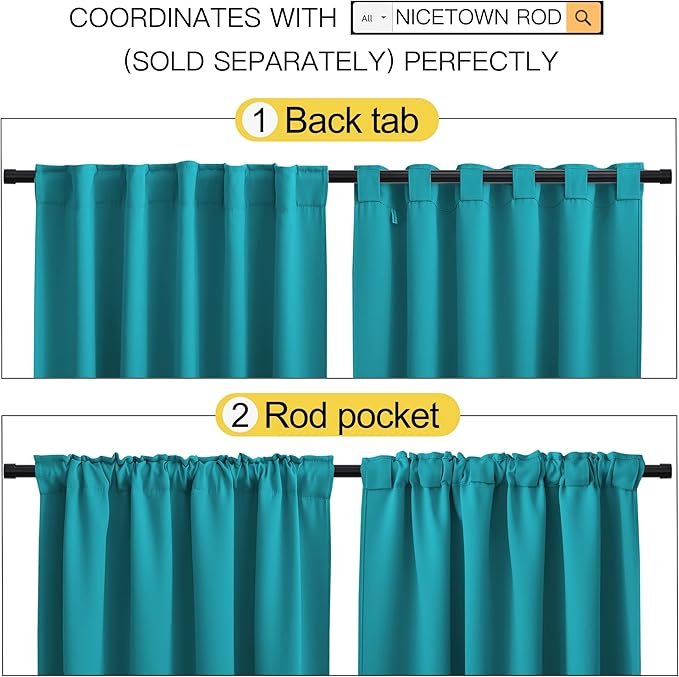 NICETOWN Insulated Room Darkening Curtain Panels - (Peacock Teal Color) W52 x L63, 2 Pieces, Room Darkening Window Treatment Drape Panel - Image 3