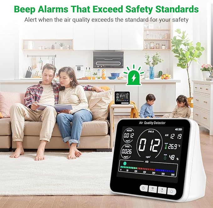 14 in 1 Air Quality Monitor Indoor with Beep Alarm, 6 AQI Air Quality Detector with PM1.0|PM2.5|PM10|HCHO|TVOC|AQI|Temperature|Humidity|Time for Home, Hotel, Office, Car, Battery Powered Air Monitor - Image 3