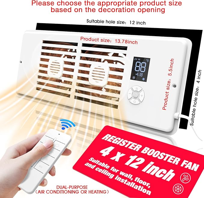 Register Booster Fan Fits 4" x 12" Register Holes, 10-Speed Smart Thermostat AC Vent Fan with Timer Setting and Aroma Function, Air Vents Fans & Heating for Wal - Image 2