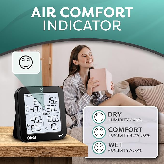 OBET Indoor Outdoor Thermometer Wireless Weather Station with 3 Sensors, Digital Hygrometer Remote Thermometer, Thermometer Temperature Humidity Monitor with Adjustable Backlight, USB Port (500 Feet) - Image 4