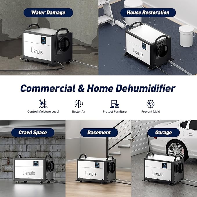 Crawl Space Dehumidifier with Drain Hose, 110 Pint Commercial Dehumidifier for Crawlspaces& Basement, Water Damage Restoration up to 1300 Sq Ft, Detachable Controller & Cable - Image 6