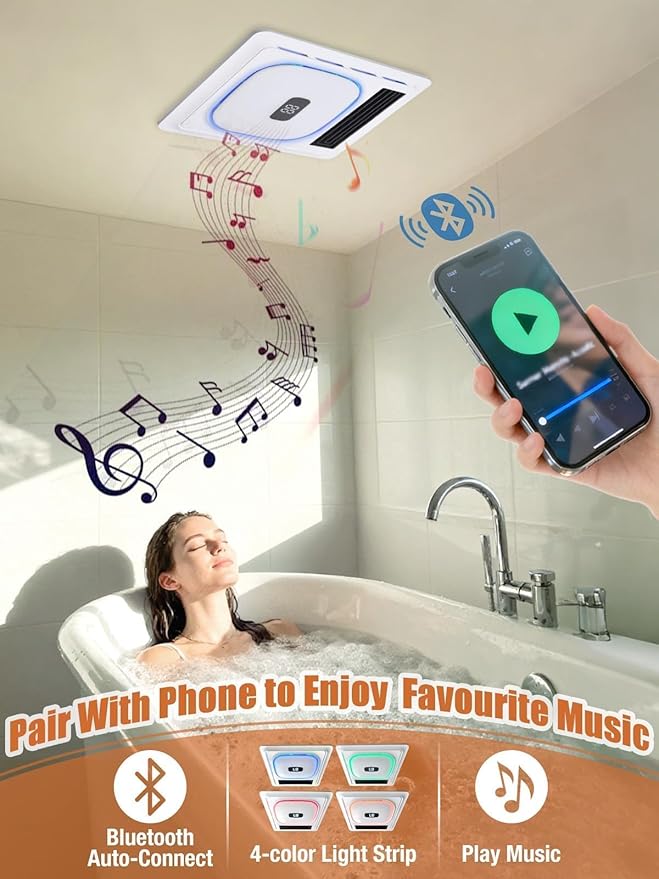 4 In1 Bathroom Exhaust Fan with Bluetooth Speaker & Heater 1800W, 180 CFM 1.0 Sone Bath room Exhaust Fan with LED Light-4 RGB Modes, Controller,Ventilation,Easy Install for Bathroom, Home - Image 4