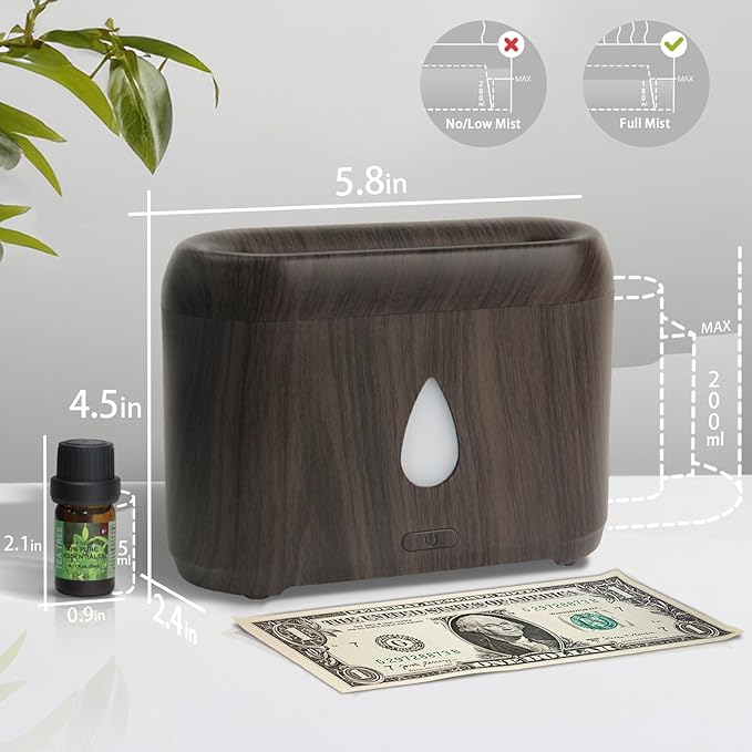 Flame Diffuser for Essential Oils, 200ml Ultrasonic Aroma Diffusers with Cool Mist, Aromatherapy Diffuser with Auto-Off Protection (Dark Wooden Grain(7 Colors), Peppermint+Lavender+Tea Tree+Lemon) - Image 4