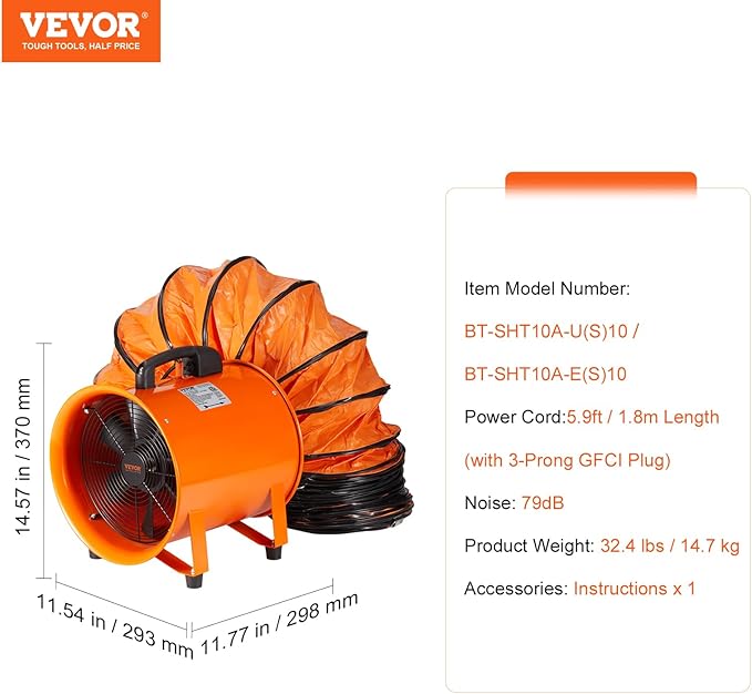 VEVOR Air Mover Blower Fan 10 Inch, 1893CFM 380W with 33ft Flexible Duct, Industrial Portable Ventilator Blower/Exhaust, Orange - Image 7
