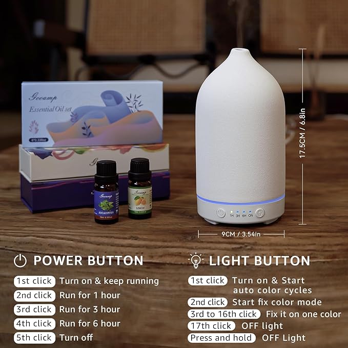 200ML Ceramic Essential Oil Diffuser - Ultrasonic Aromatherapy & Humidifier with 7-Color LED Lights, Auto Shut-Off, White, 1H/3H/6H Timer | Scent for Home,Office,Yoga - Image 6