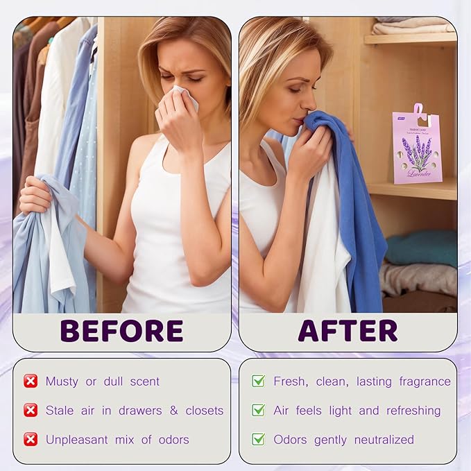 13Packs Lavender Scented Sachets, Fragrance Sachet Bags for Drawers and Closets, Air Fresheners for Car and Home, Closet Deodorizer Scented Drawer Fresheners for Dresser with Hanger Hooks - Image 3