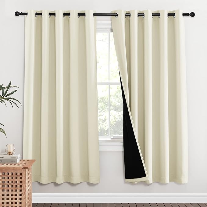 NICETOWN Living Room Completely Shaded Draperies, Privacy Protection & Noise Reducing Ring Top Drapes, Black Lined Insulated Window Treatment Curtain Panels (Beige, 2 Pieces, W62 x L72) by NICETOWN