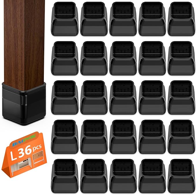 BAIPOK 36Pcs Square Chair Leg Floor Protectors, Silicone Chair Leg Protectors for Hardwood Floors, Felt Furniture Leg Cover Pad for Protecting Floors from Scratches and Noise, Black, Easy to Install by BAIPOK