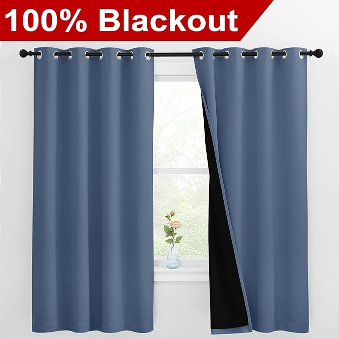 NICETOWN 100% Blackout Curtains with Black Liners, Thermal Insulated Full Blackout 2-Layer Lined Drapes, Energy Efficiency Window Draperies for Bedroom (Stone Blue, 2 Panels, 55-inch W by 68-inch L) - Image 2