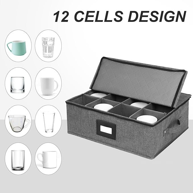Mug Storage Box with Dividers, China Storage Containers for Tea Cups and Coffee Mugs with Zipper Lid and Rivet Reinforced Handles, Hard Shell and Stackable (Black) - Image 6