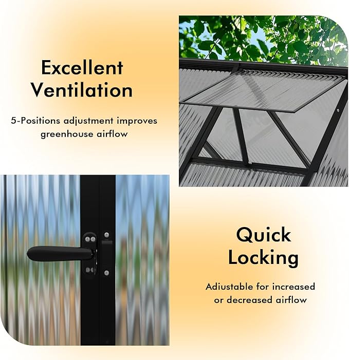6×7.5FT Greenhouse for Outdoors, Walk-in Greenhouse and Winter Garden Planting, Polycarbonate Greenhouse with Electronic Thermometers, Withstands Strong Wind or Snow to Protect Vegetable or Plants - Image 6