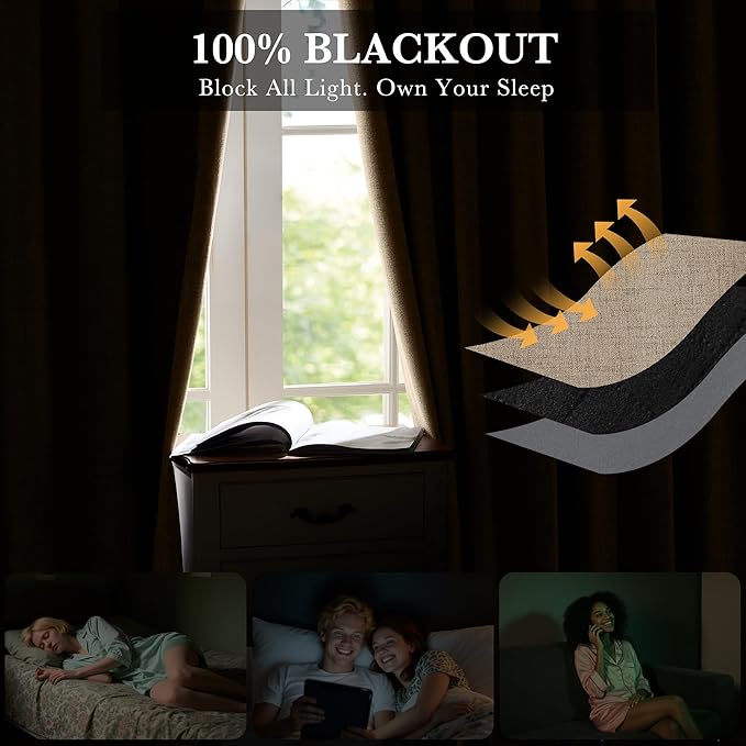 RYB HOME Burlap 100% Blackout Linen Curtains 78 inch Long, Thermal Insulated & Privacy Assurd Home Decor Drapes for Bedroom/Office/Nursery, Rod Pocket & Back Tab Window Treatment, W52 X L78, 2 Panels - Image 3