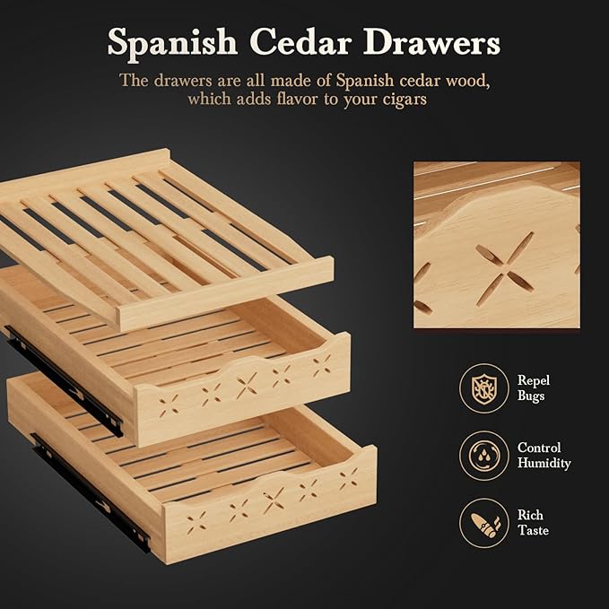 85L Electric Cigar Humidor Cabinet-700 Counts Large Capacity-Intelligent Temperature and Humidity Control-Spanish Cedar Wood Drawer-Digital LED Display-Stainless Steel Lockable Humidor, Gifts for Men - Image 6