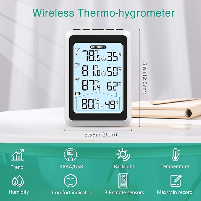 ORIA 3 Sensor Wireless Indoor Outdoor Thermometer Hygrometer, Digital Temperature Humidity Monitor with Backlit Display, Min/Max Records, Celsius/Fahrenheit Switch for Home, Garden, Greenhouse - Image 2