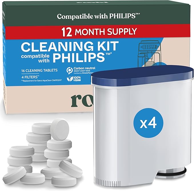 Roobi Cleaning Tablets & Filters Compatible with Philips Saeco. Includes 16 Espresso Cleaning Tablets & 4 Water Filters. Carbon Neutral Philips Cleaner Kit. 1 Year Supply. by Roobi