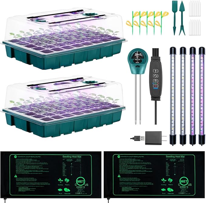 Seed Starter Tray with Grow Lights and Heat Mat, 3-in-1 Soil Meter, 80-Cell Seed Growing Tray, Germination & Plant Propagation Station for Indoor Plants 2-Pack by HUGBOW