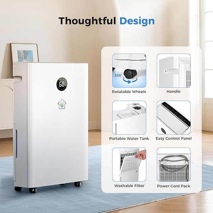 6,500 Sq Ft Smart Home Dehumidifier with Drain Hose, 1.45 Gallons Water Tank, 24 Hr Timer, 60 Pints, High Efficiency Compressor for Large Rooms,Basements, Bathrooms and Bedrooms - Image 9