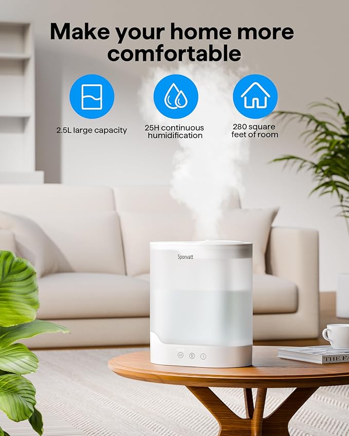 Sponvatt Humidifiers for Bedroom Home,2.5L Top Fill Cool Mist Air Humidifier for Large Room Baby Nursery,Quiet Ultrasonic,With Oil Diffuser and Nightlight,for Plants,Office,Easy to Clean,Auto Shut-Off - Image 2