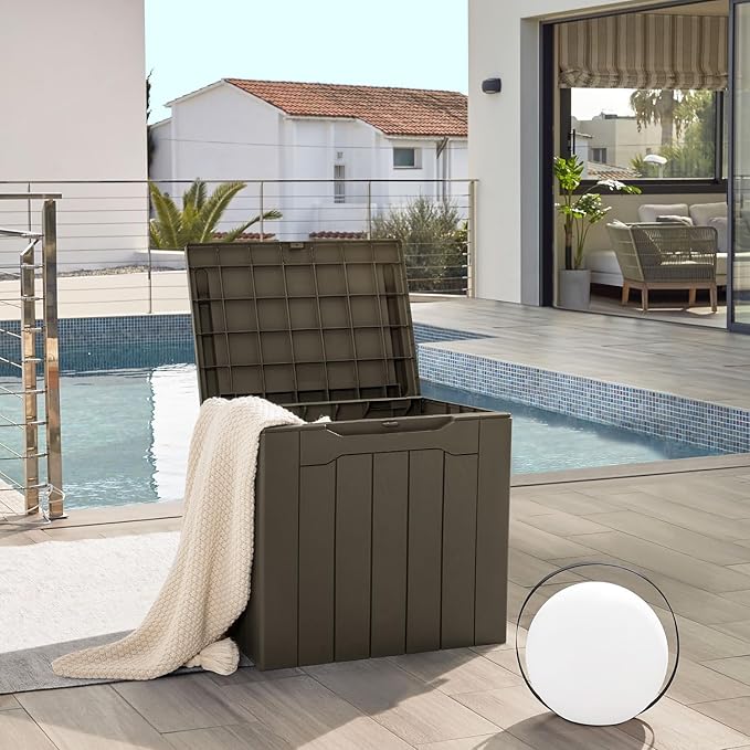 JUMMICO 31 Gallon Resin Deck Box Waterproof Indoor Outdoor Storage Boxes for Patio Furniture Cushions and Garden Tools (Brown) - Image 3