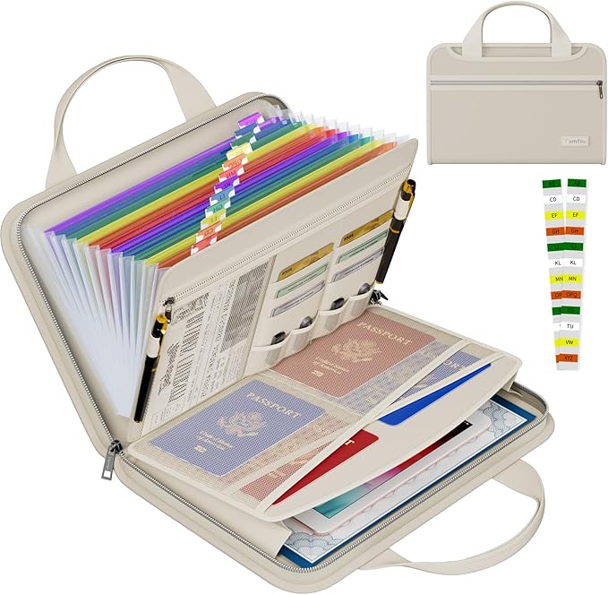 Waterproof Fireproof Accordion File Organizer with 13 Pocket Expanding File Folder for Letter A4 Files (Colorful, Pockets, Beige with Handle) by Tamfile